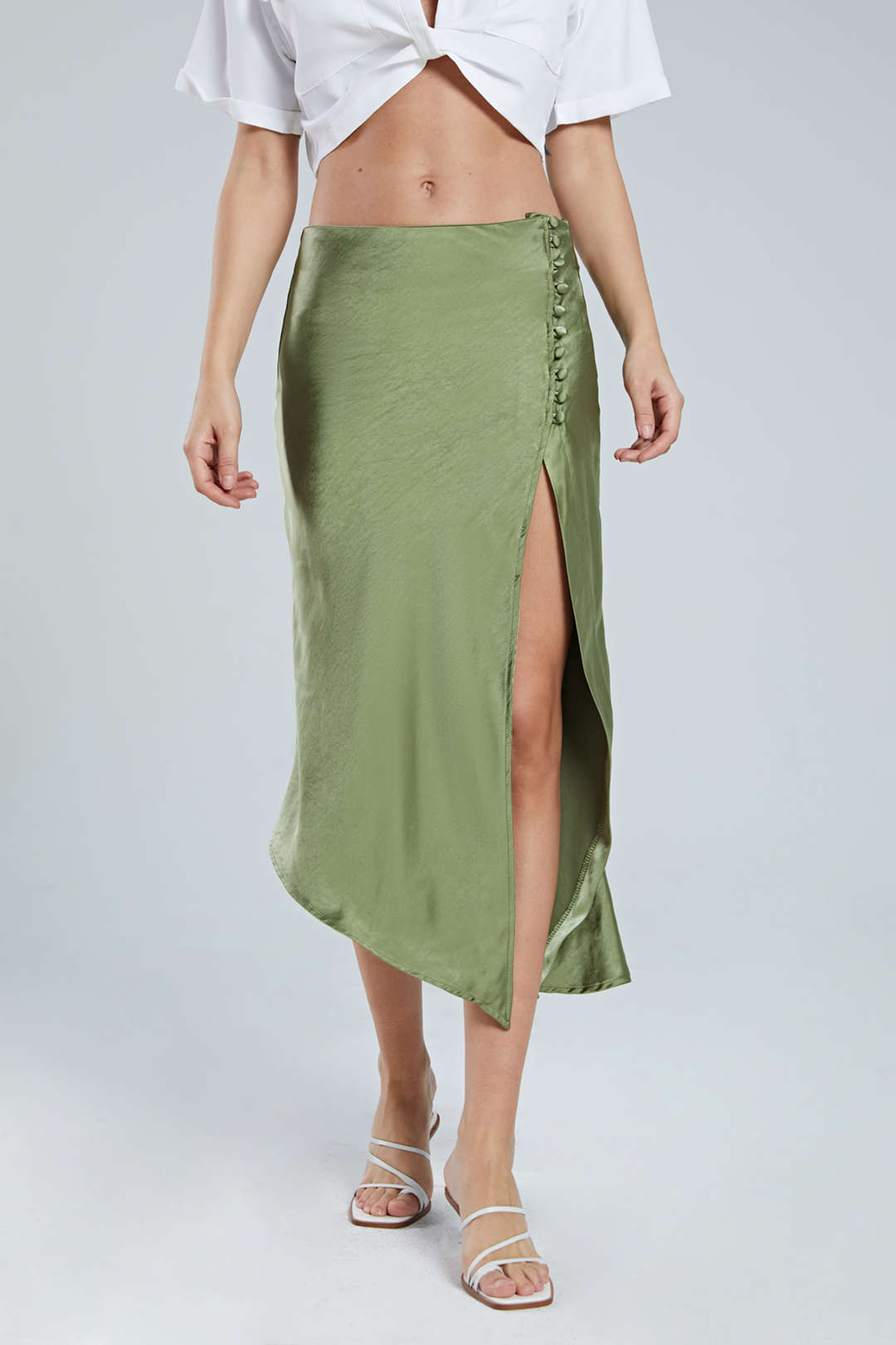 "Asymmetric Hem Split Button Decor Skirt"