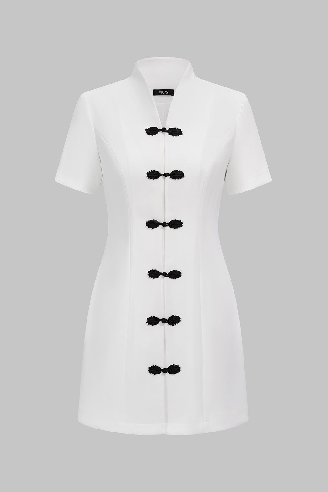 "Contrast Frog Button V-Neck Short Sleeve Mini Dress"