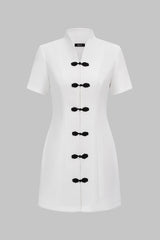 "Contrast Frog Button V-Neck Short Sleeve Mini Dress"