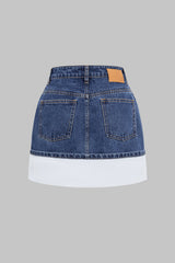 "Denim Asymmetrical Patchwork Zipper Skirt"