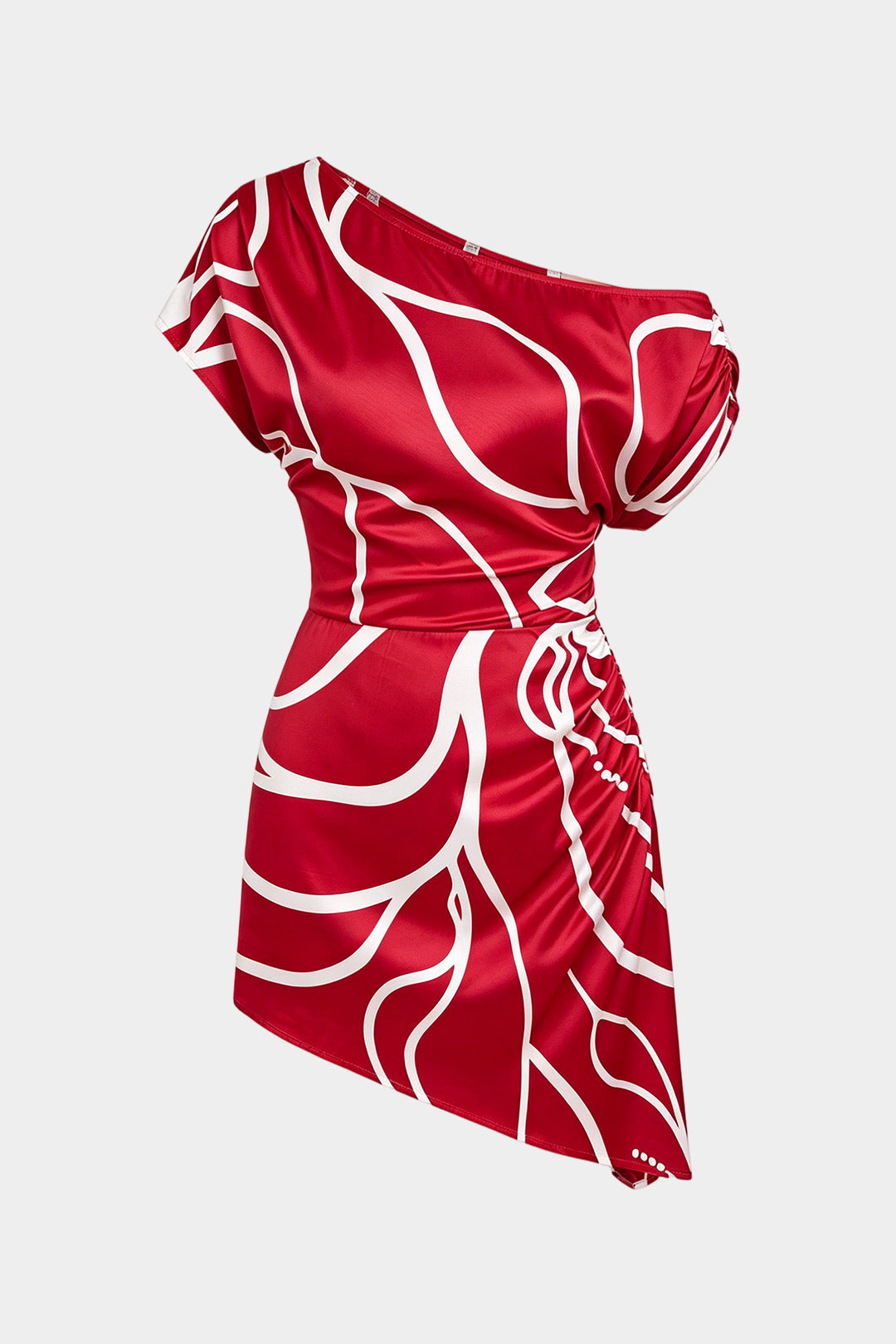 "Contrast Print Satin One Shoulder Ruched Short Sleeve Mini Dress"