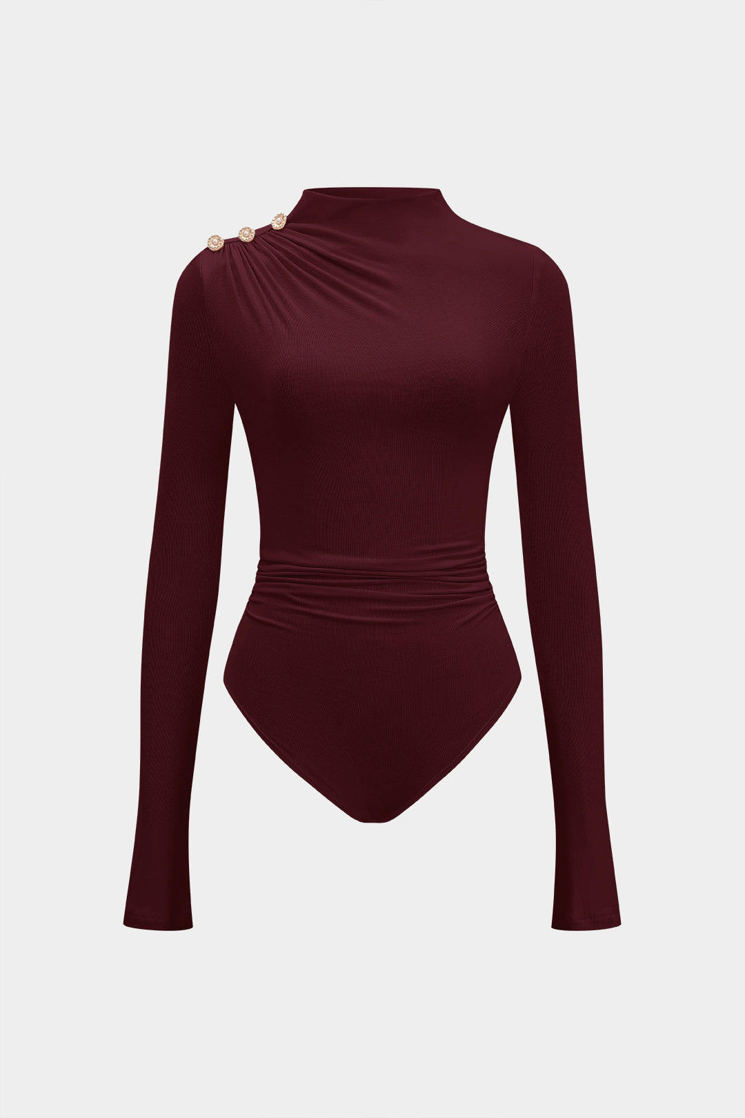 "Asymmetrical Button Ruched Long Sleeve Bodysuit"