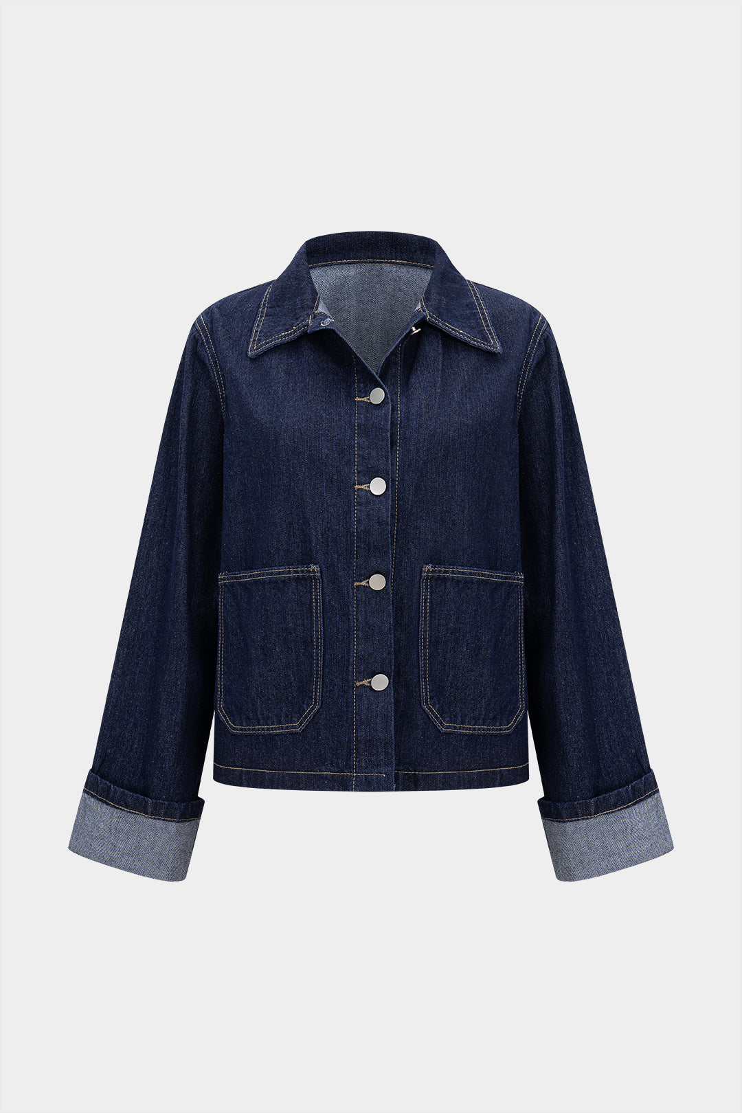 "Denim Button Cuffed Long-Sleeve Top"