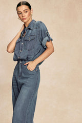 "Denim Lapel Short Sleeve Straight Leg Jumpsuit"