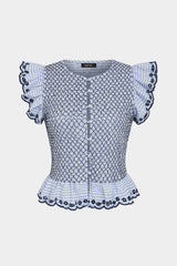 "Contrast Shirred Button Short-Sleeve Shirt"