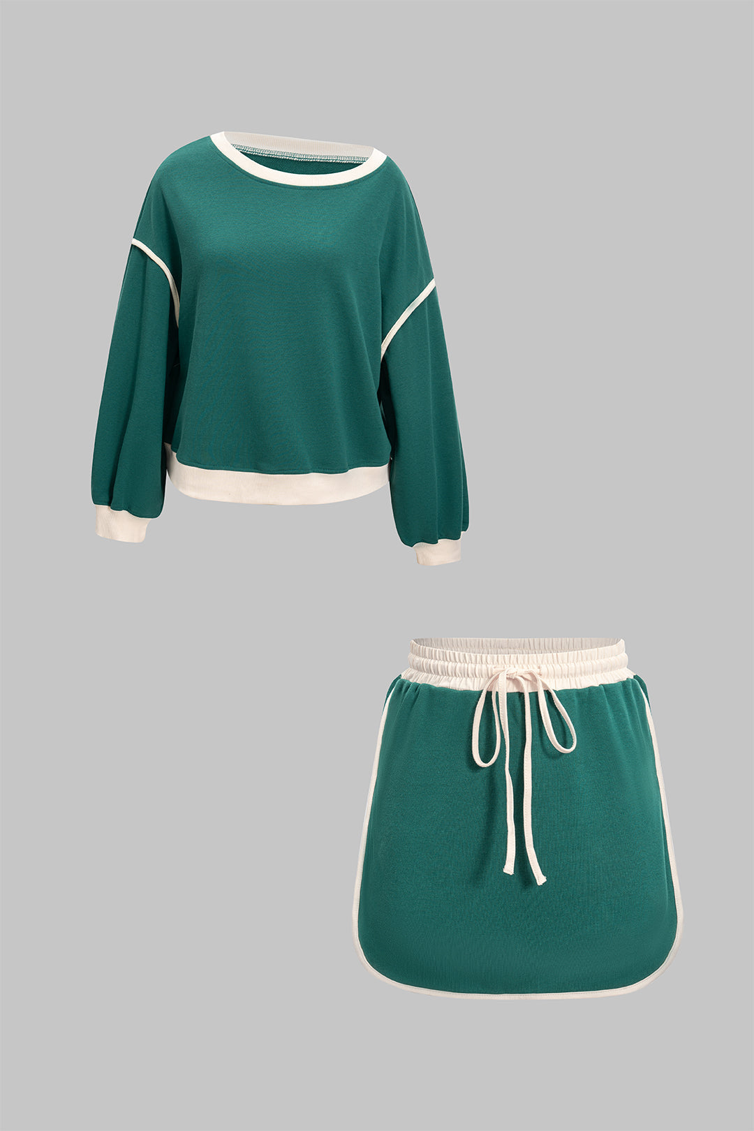 "Contrast Binding Long-Sleeve Top And Drawstring Skirt Set"