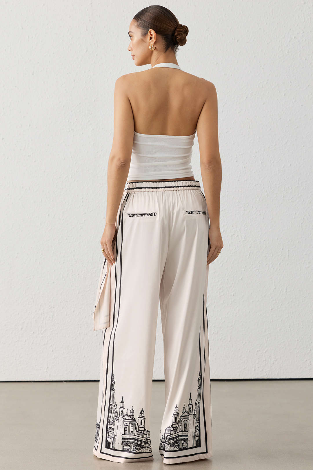 "Artistic Print Satin Ruched Asymmetrical Wide Leg Pants"