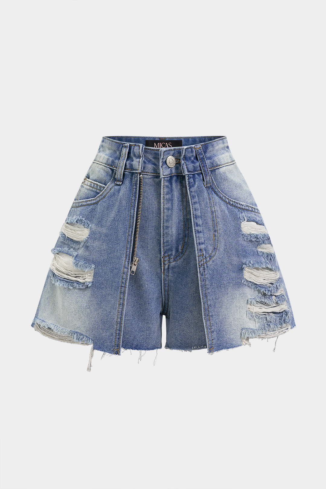 "Denim Frayed Zipper High Waist Shorts"