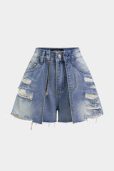 "Denim Frayed Zipper High Waist Shorts"