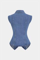 "Denim Lapel V-Neck Wrap Buckle Vest"