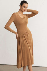 "Asymmetrical Neck Long Sleeve Midi Dress"