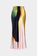 "Contrast Print Satin Zipper Skirt"