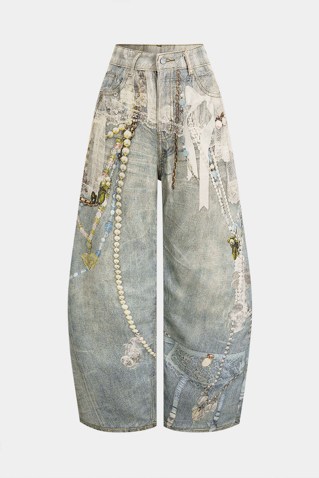 "Denim Abstract Print Low Waist Wide Leg Pants"