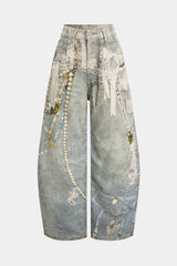 "Denim Abstract Print Low Waist Wide Leg Pants"
