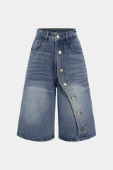 "Denim Asymmetrical Button Shorts"