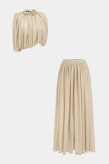 "Chiffon Round Neck Ruched Tank Top And Maxi Skirt Set"