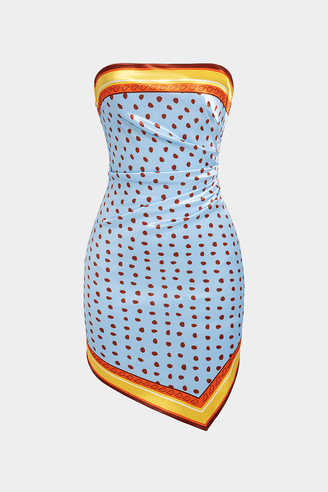"Contrast Polka Dots Print Satin Strapless Sleeveless Mini Dress"