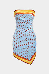 "Contrast Polka Dots Print Satin Strapless Sleeveless Mini Dress"