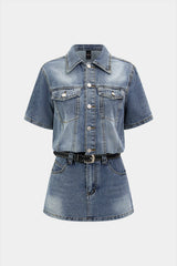 "Denim Belted Button Pocket Short Sleeve Romper"