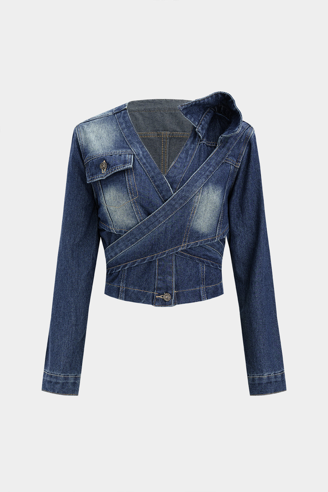 "Denim Crossed Tie-Back Asymmetrical Outerwear"