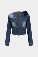 "Denim Crossed Tie-Back Asymmetrical Outerwear"