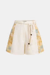 "Contrast Print Linen Wide Leg Shorts"