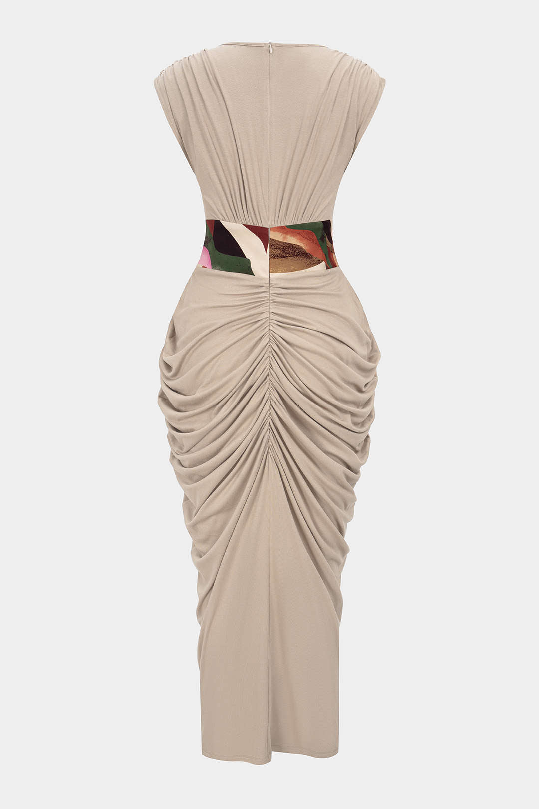 "Abstract Print V-Neck Ruched Zipper Sleeveless Maxi Dress"