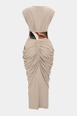"Abstract Print V-Neck Ruched Zipper Sleeveless Maxi Dress"