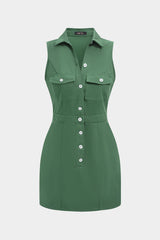 "Button Pocket Sleeveless Mini Dress"