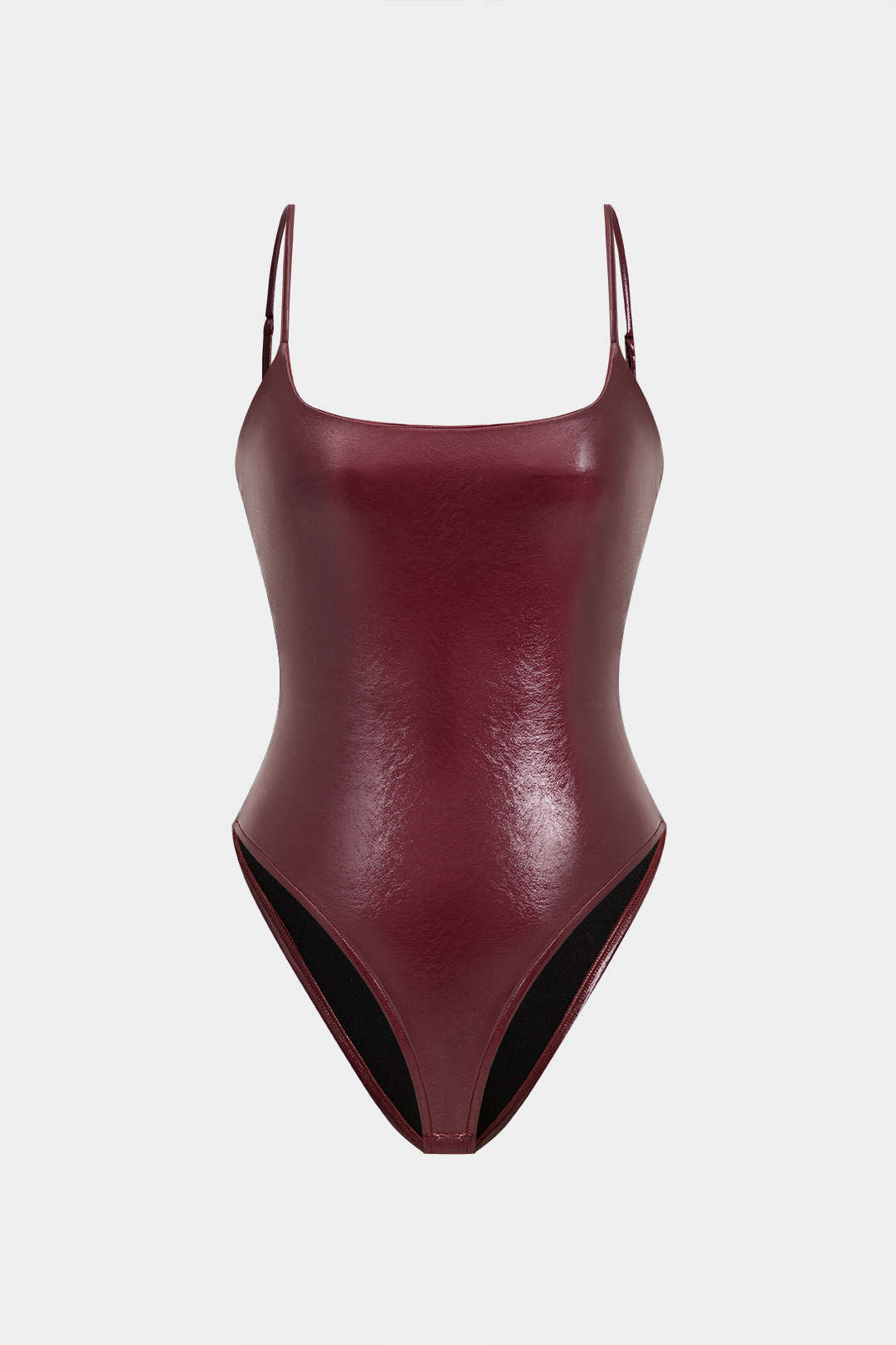 "Basic Solid Faux Leather Sleeveless Bodysuit"