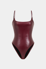 "Basic Solid Faux Leather Sleeveless Bodysuit"
