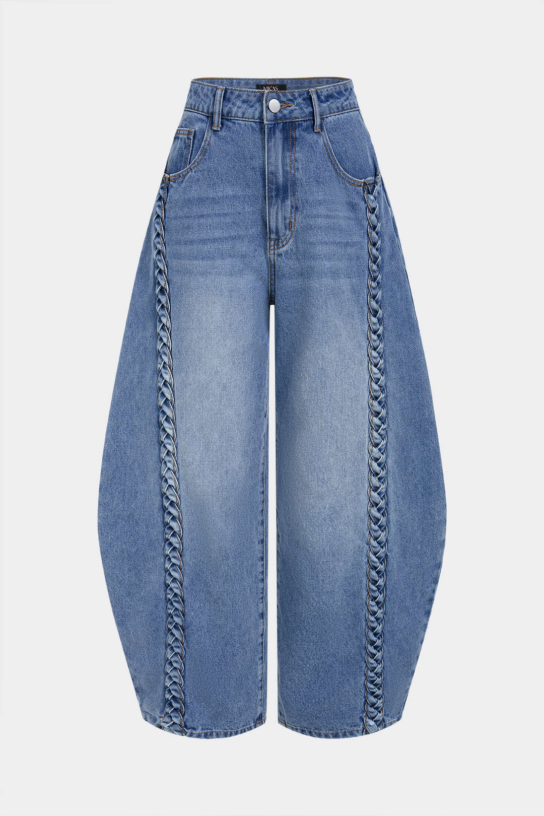 "Denim Braided Pocket Zipper Barrel Jeans"