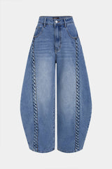 "Denim Braided Pocket Zipper Barrel Jeans"