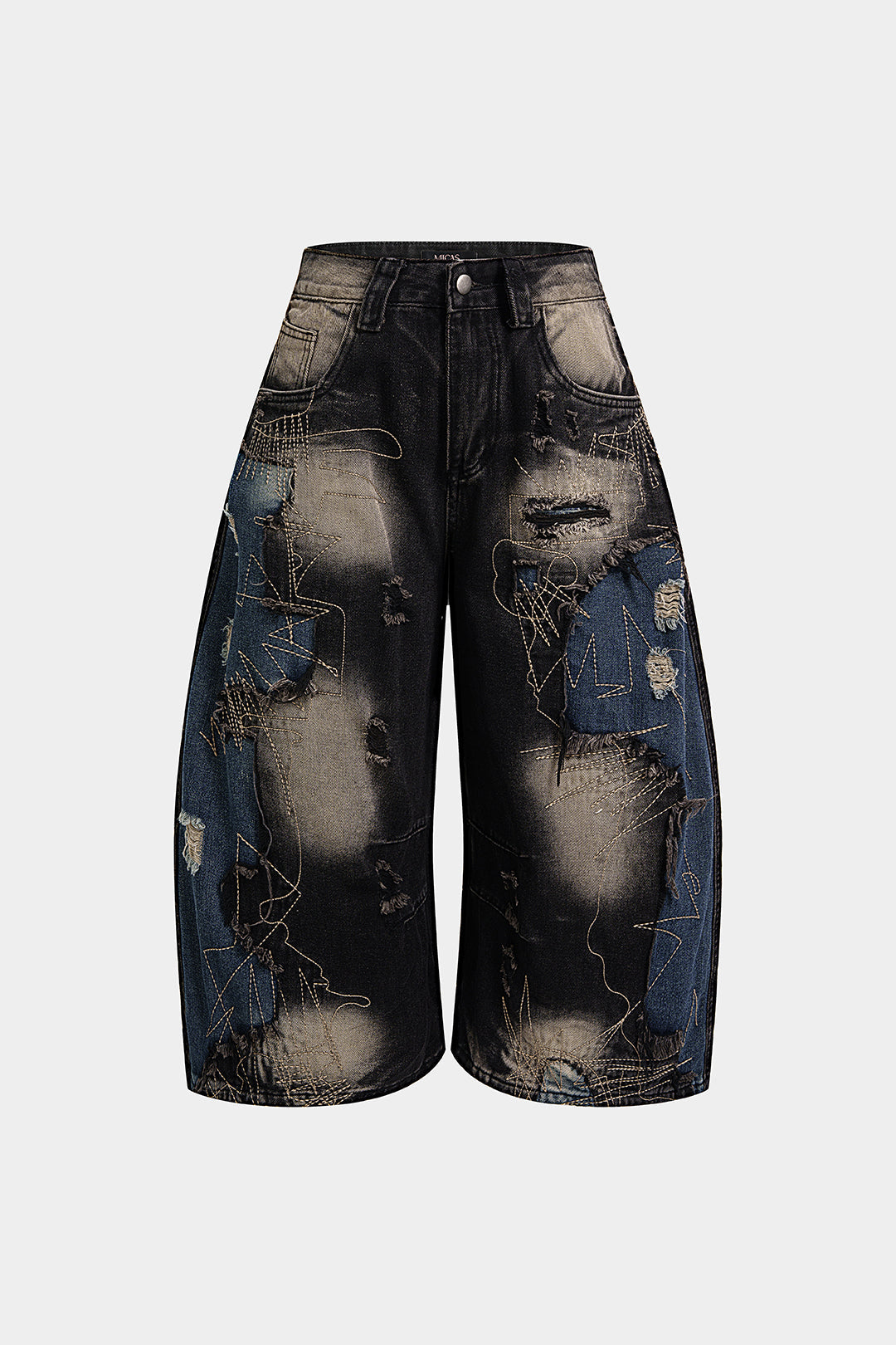"Denim Asymmetrical Frayed Seamdetail High Waist Shorts"
