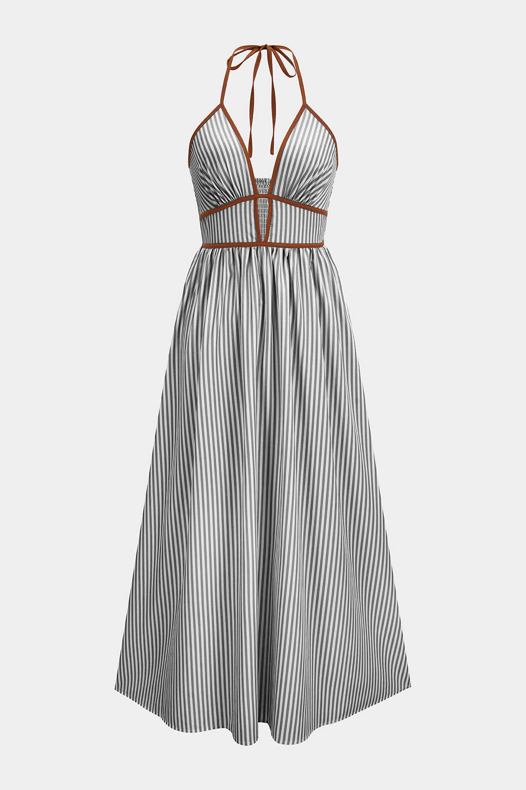 "Contrast Stripes Print V-Neck Halter Neck Sleeveless Maxi Dress"