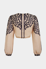 "Contrast Geometric Print V-Neck Tie Front Long Sleeve Top"