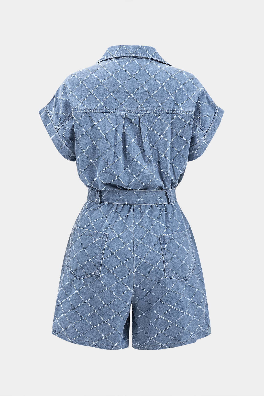 "Denim Lapel Belted Pocket Short Sleeve Romper"