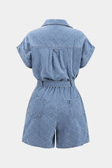 "Denim Lapel Belted Pocket Short Sleeve Romper"
