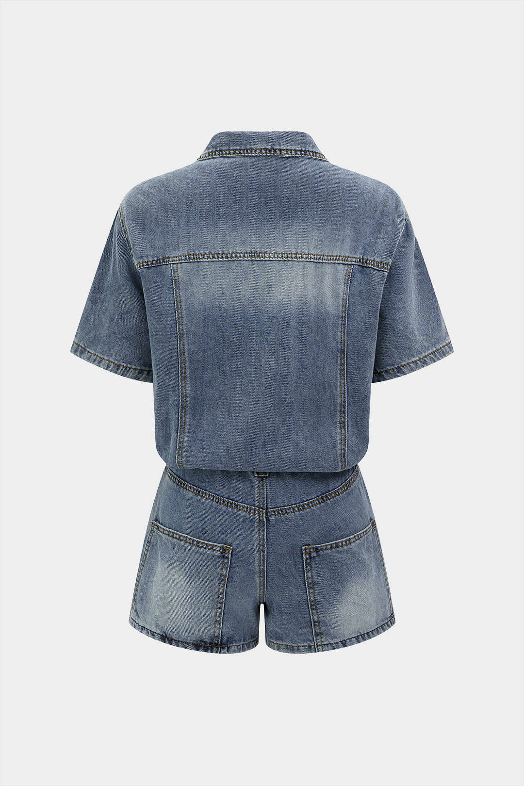 "Denim Belted Button Pocket Short Sleeve Romper"