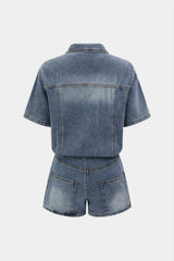 "Denim Belted Button Pocket Short Sleeve Romper"