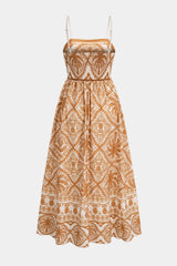 "Bohemian Print Smocked Backless Sleeveless Maxi Dress"