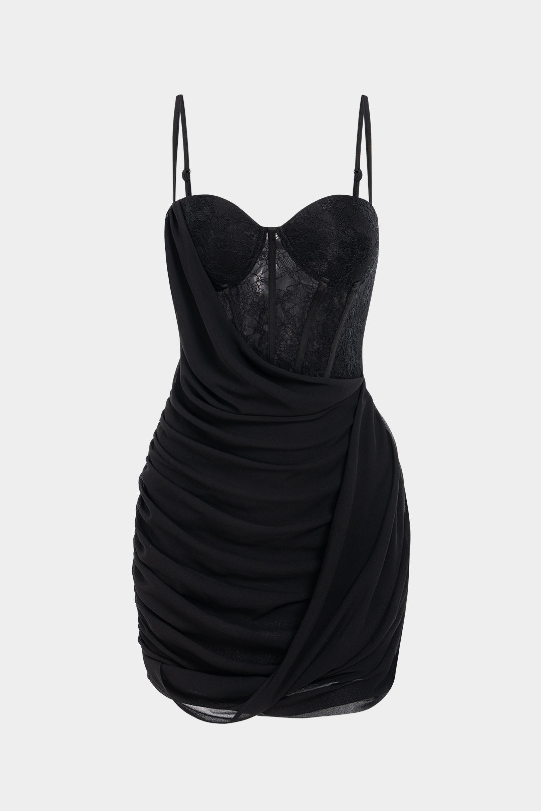 "Chiffon Patchwork Lace Corset Asymmetrical Ruched Sleeveless Mini Dress"