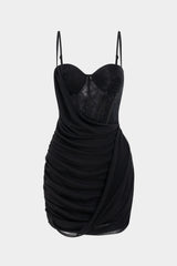 "Chiffon Patchwork Lace Corset Asymmetrical Ruched Sleeveless Mini Dress"