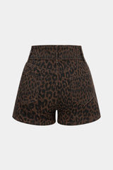 "Denim Leopard Print High Waist Shorts"