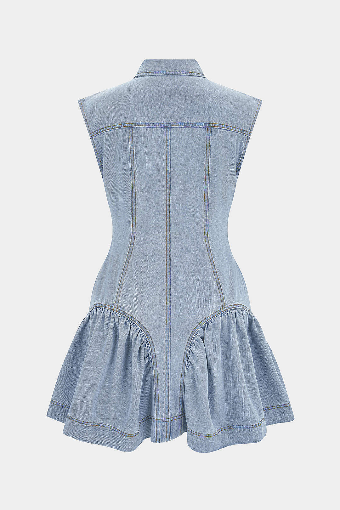 "Denim Lapel Button Ruffle Sleeveless Mini Dress"