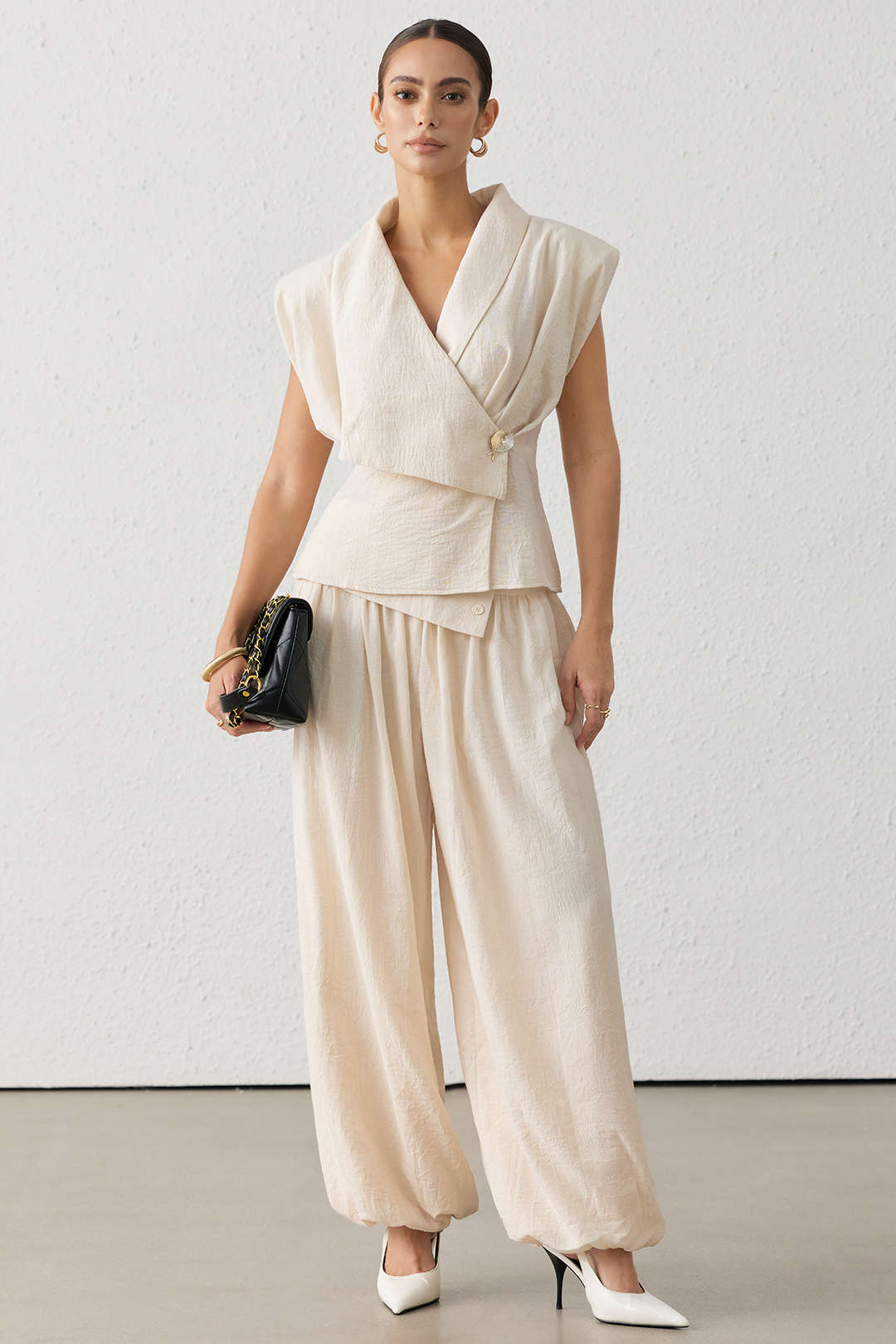 "Asymmetrical Button Ruched Wide Leg Pants"