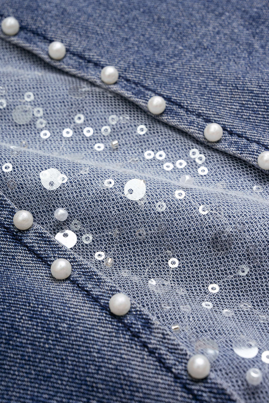 "Denim Mesh Patchwork Belted Asymmetrical Rhinestone Decor Jeans"