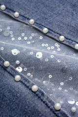 "Denim Mesh Patchwork Belted Asymmetrical Rhinestone Decor Jeans"