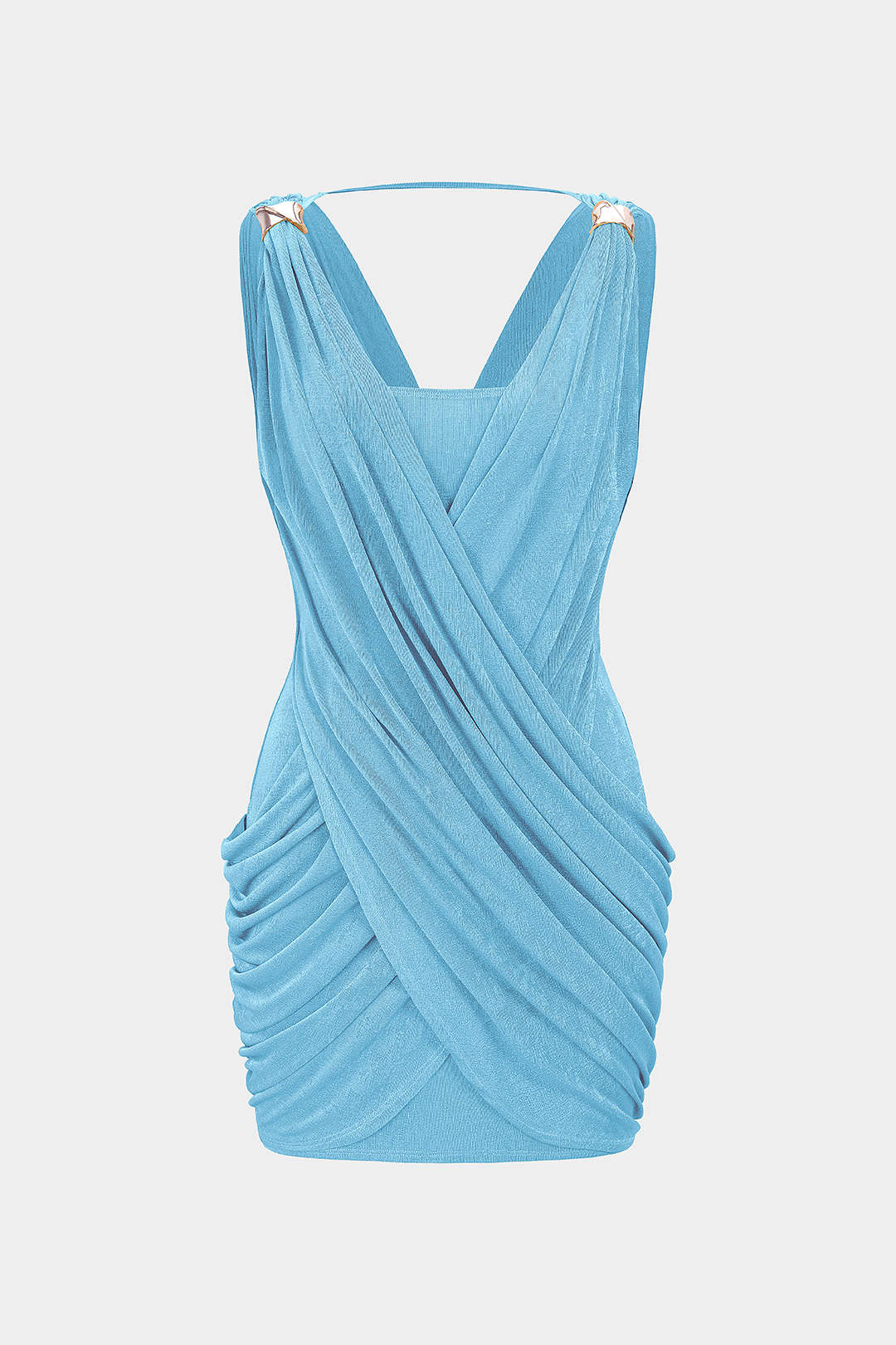 "Crossed V-Neck Ruched Metallic Decor Sleeveless Mini Dress"