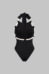 "Contrast Halter Neck Twist Knot Backless Tie-Up Sleeveless Bodysuit"